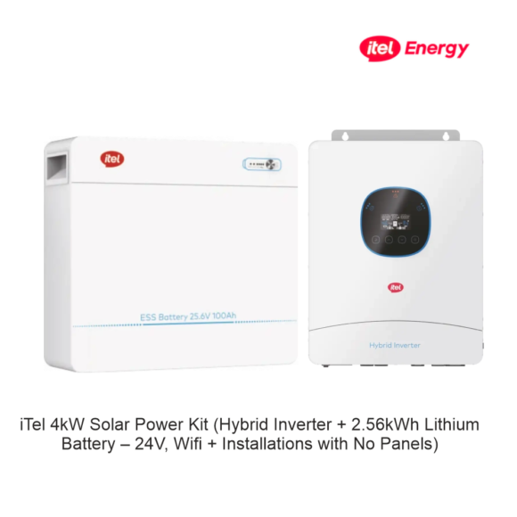 iTel 4kW hybrid inverter, 2.56kWh lithium battery, 24V solar system, solar power kit, inverter and battery combo, home solar backup, off-grid power system, reliable solar inverter, iTelSolar products, hybrid inverter Nigeria, complete 4kw 4kva solar setup without panel
